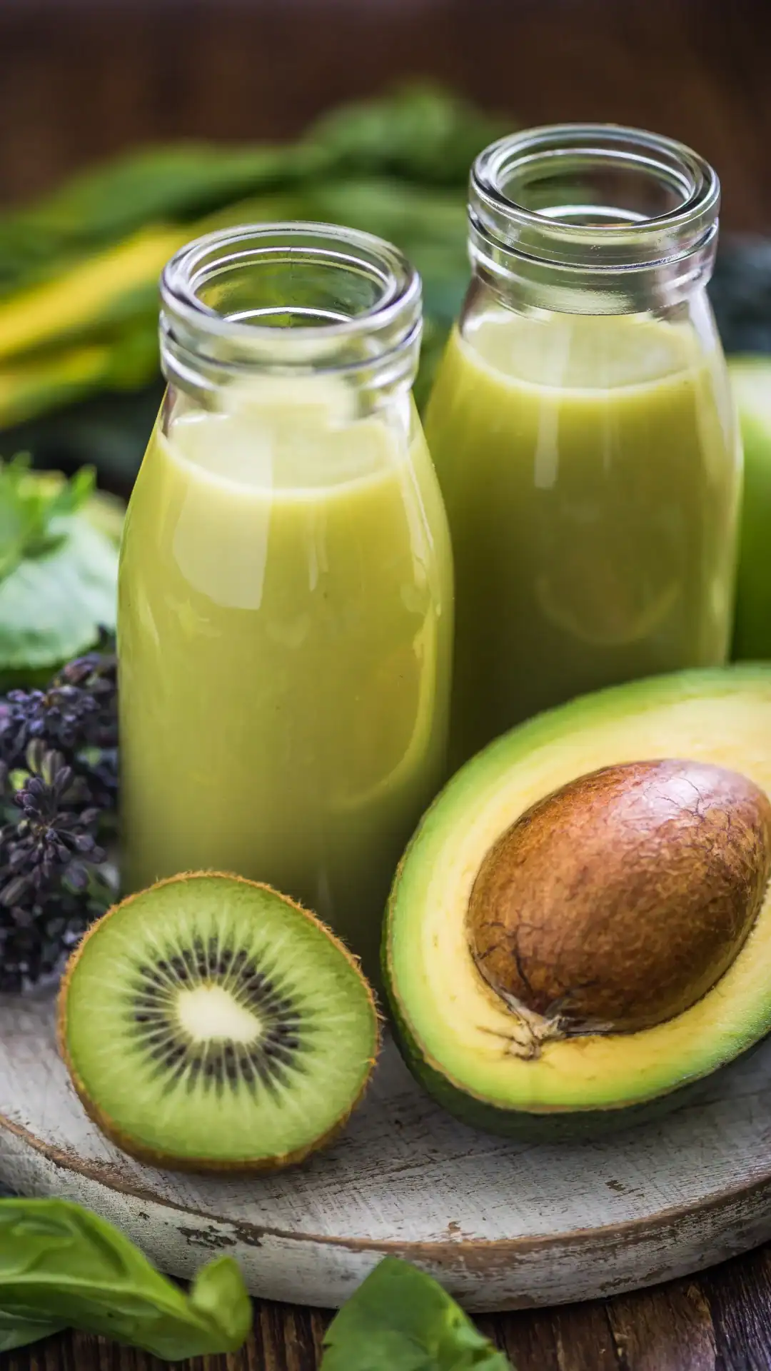 Two glass bottles of green smoothie, surrounded by a halved kiwi, a halved avocado, and fresh green leaves on a wooden surface.