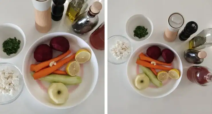 Prepared ingredients for beet salad: carrots, beets, lemon, cucumber, apple, parsley, garlic…