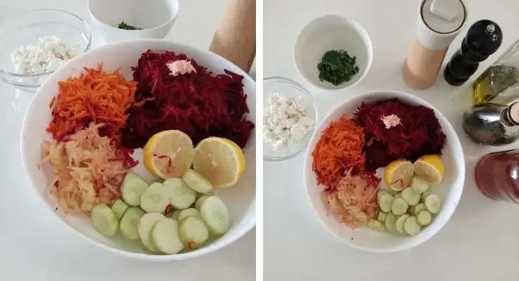 Grated ingredients for the saladЧ carrots, beets, lemon, cucumber, apple, parsley, garl, white cheese...