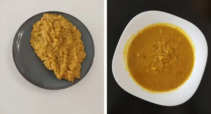 Two images side by side: the left shows a gray plate with a serving of mashed yellow lentils, and the right shows a white bowl with a serving of yellow lentil soup.